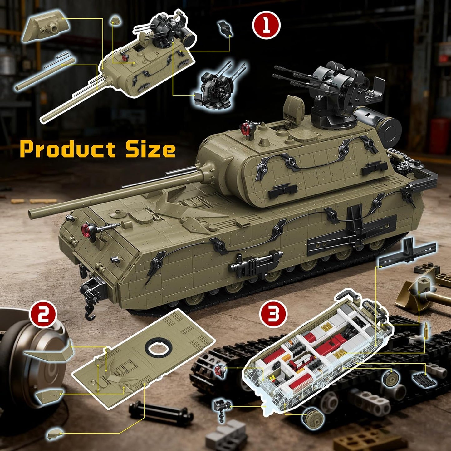 WW2 Panzer VIII Maus Military Tank Building Block Model Set (Olive Green) - T6