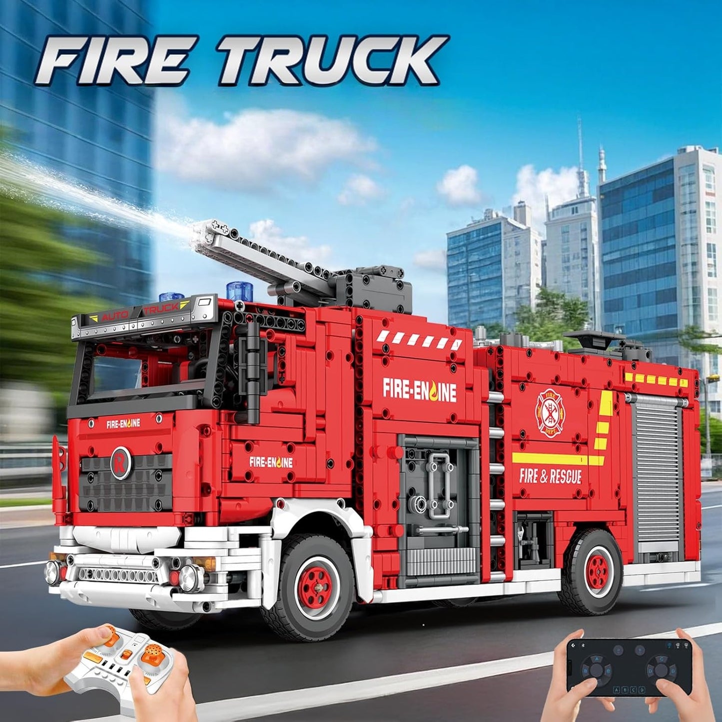 Large Rescue Fire Truck with Water Sprayer - Building Block Model Set - G3